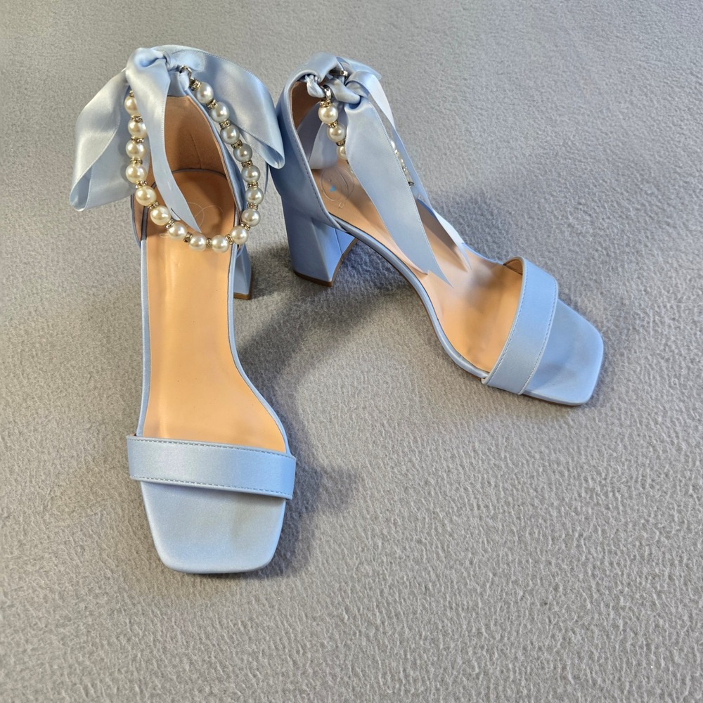 Heart in D Satin Block Heel Sandals Women 5.5 Light Blue Pearl Ribbon Square Toe